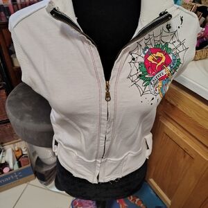 White Sleeveless Light Jacket with Tattoo Design Vintage Y2K SZ L/ See Info